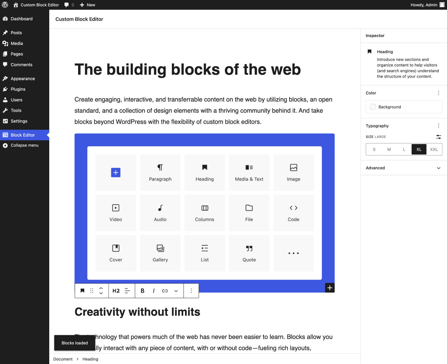 A custom WordPress block editor screen with a tailored inspector panel and block library